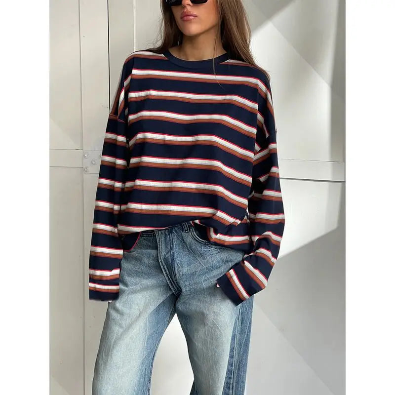 Combhasaki Women Striped Contrast Color Fall Spring T-shirts Casual Crew Neck Long Sleeve Loose Pullover Tops Trendy Streetwear