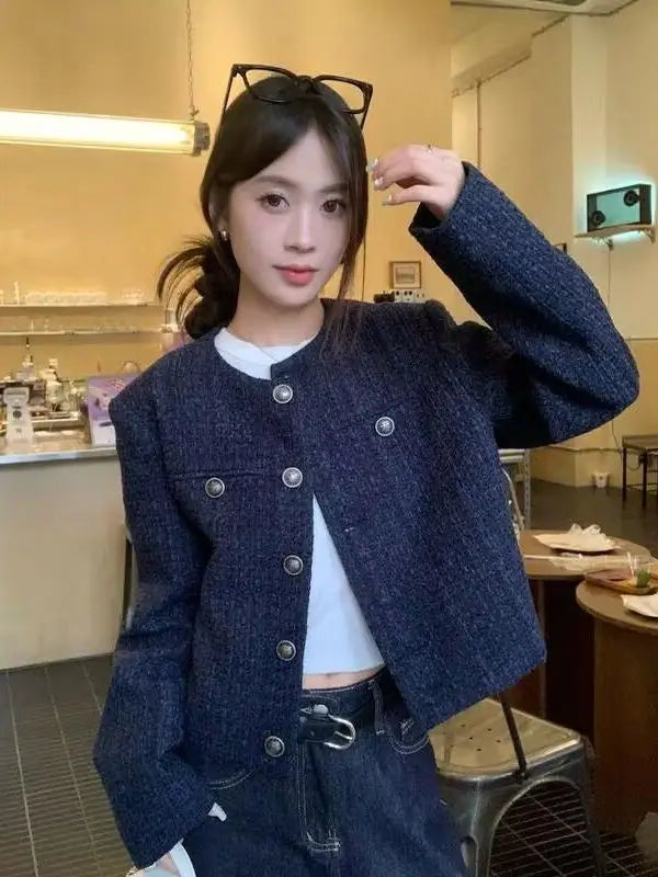 Fall Winter New Style Short Quilted Jacket Women's Loose Long Sleeve Single Button Retro High Casual Top Fashion Elegant