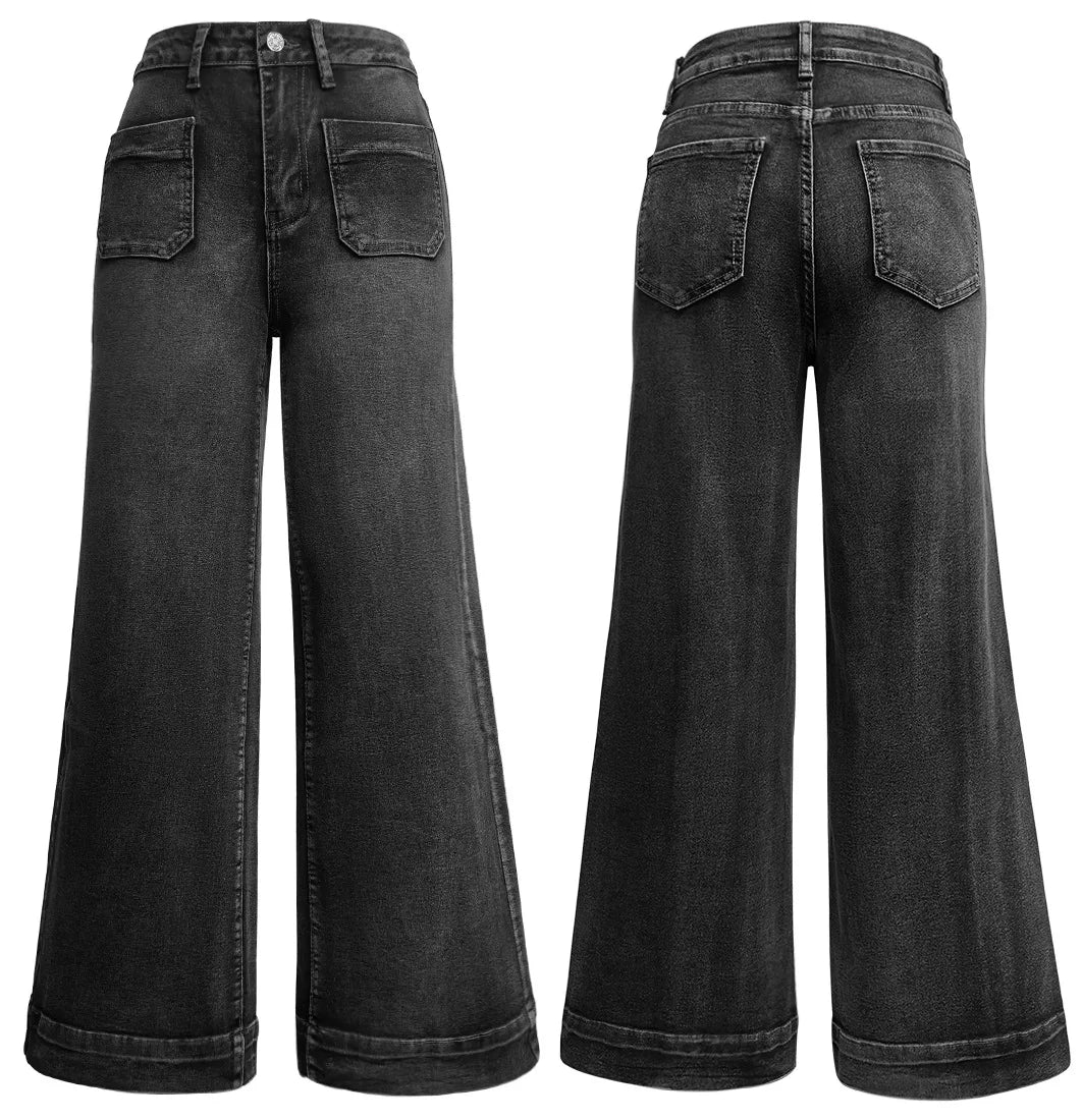 New Fall Styles: Women's High-waisted Jeans, Retro-style Black Wide-leg Trousers, and Blue Denim Pants. (Asian Sizes S-XXL)