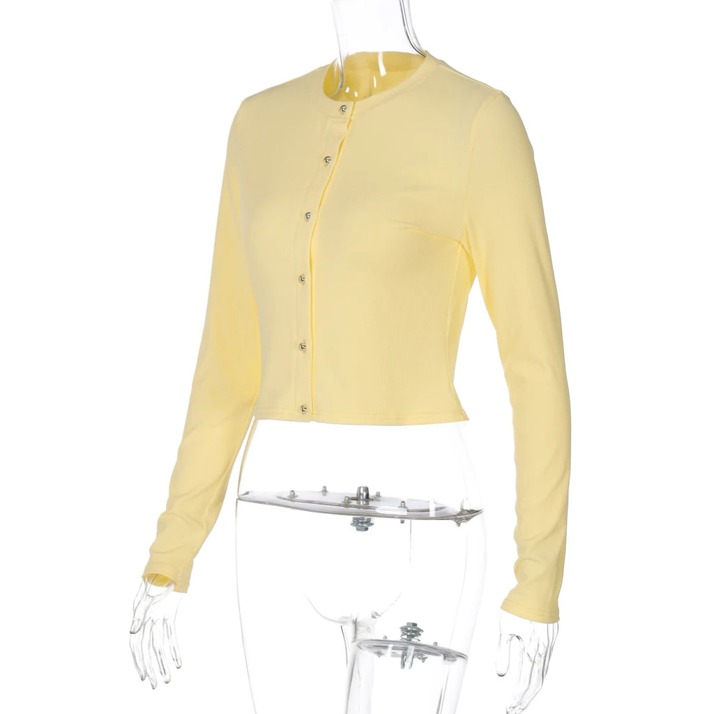 Hugcitar Fashion Long Sleeve Solid Sexy Buttons Slim Cardigan Crop T-Shirt Top Fall Women Clothes Streetwear Party Festival