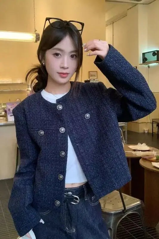 Fall Winter New Style Short Quilted Jacket Women's Loose Long Sleeve Single Button Retro High Casual Top Fashion Elegant