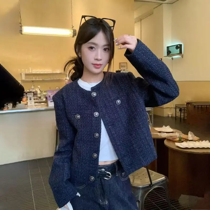 Fall Winter New Style Short Quilted Jacket Women's Loose Long Sleeve Single Button Retro High Casual Top Fashion Elegant