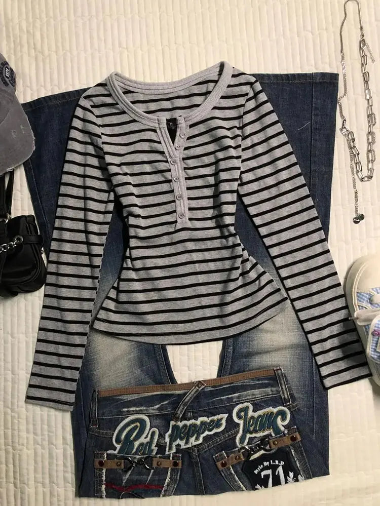 Striped Long Sleeve Top Women Korean Style Vintage Slim Fit Work Wear V Neck Button Autumn Winter Base Layer T-shirt