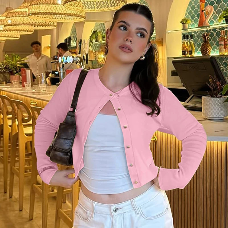 Hugcitar Fashion Long Sleeve Solid Sexy Buttons Slim Cardigan Crop T-Shirt Top Fall Women Clothes Streetwear Party Festival