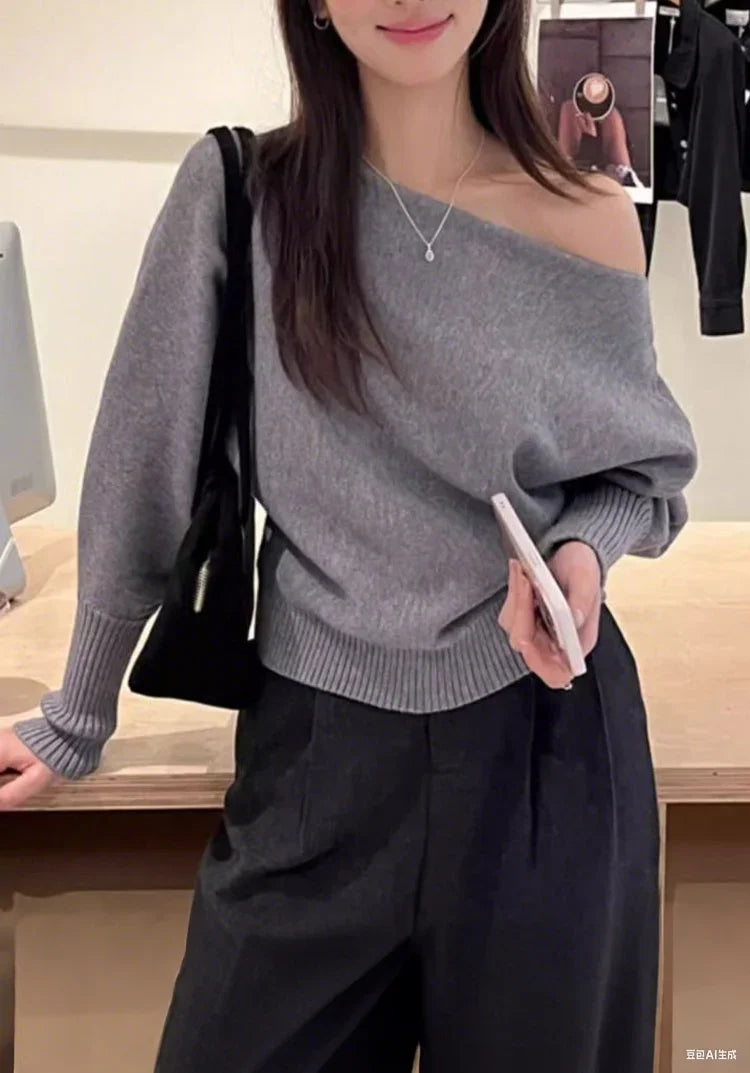 Batwing Long Sleeve Knitted Pullover Women 300g Thick Off Shoulder Top Korean Fashion Sweater Loose Casual Autumn Outwear Pull