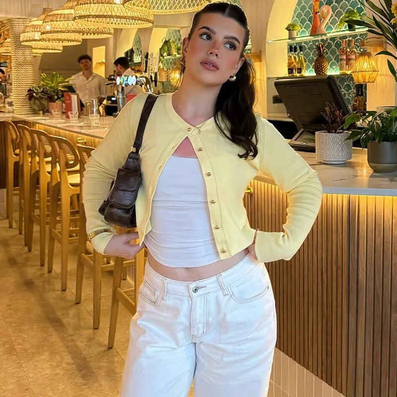 Hugcitar Fashion Long Sleeve Solid Sexy Buttons Slim Cardigan Crop T-Shirt Top Fall Women Clothes Streetwear Party Festival