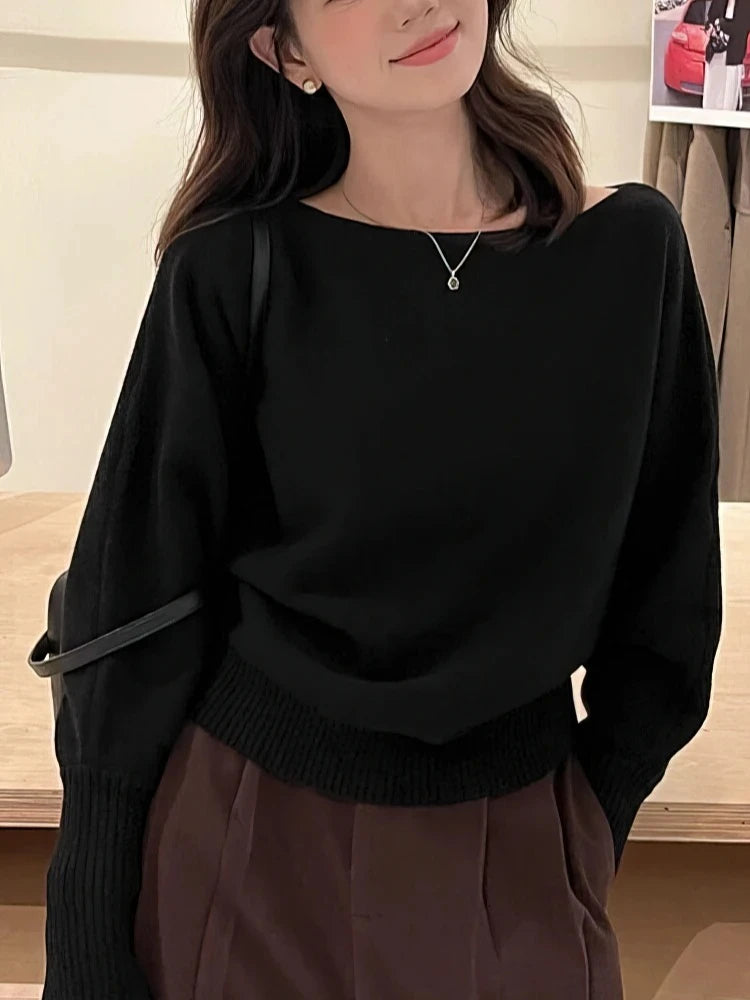 Batwing Long Sleeve Knitted Pullover Women 300g Thick Off Shoulder Top Korean Fashion Sweater Loose Casual Autumn Outwear Pull