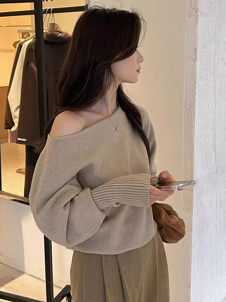 Batwing Long Sleeve Knitted Pullover Women 300g Thick Off Shoulder Top Korean Fashion Sweater Loose Casual Autumn Outwear Pull
