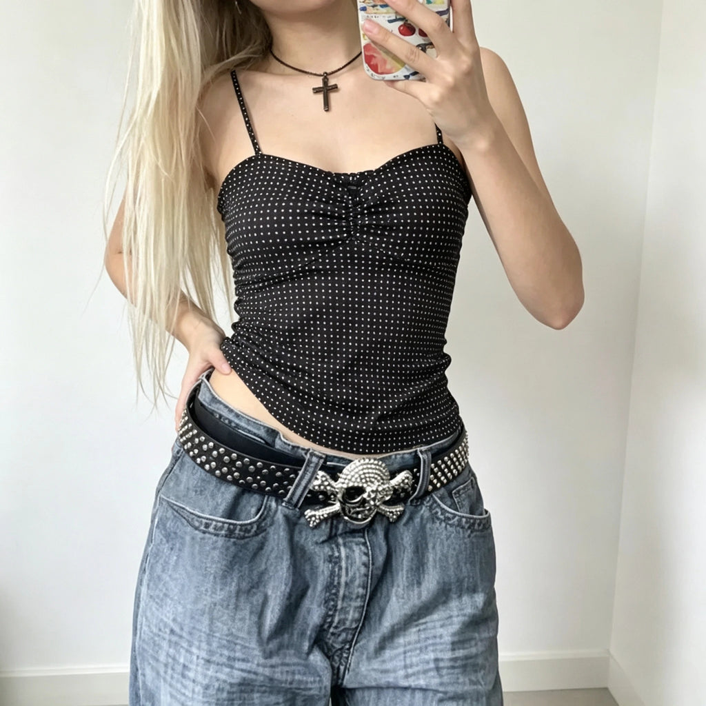 French Vintage Polka Dot Camisole Vest Women Summer Folds Sleeveless Y2k Crop Halter Tops Sweet hottie Slim Outerwear Tanks