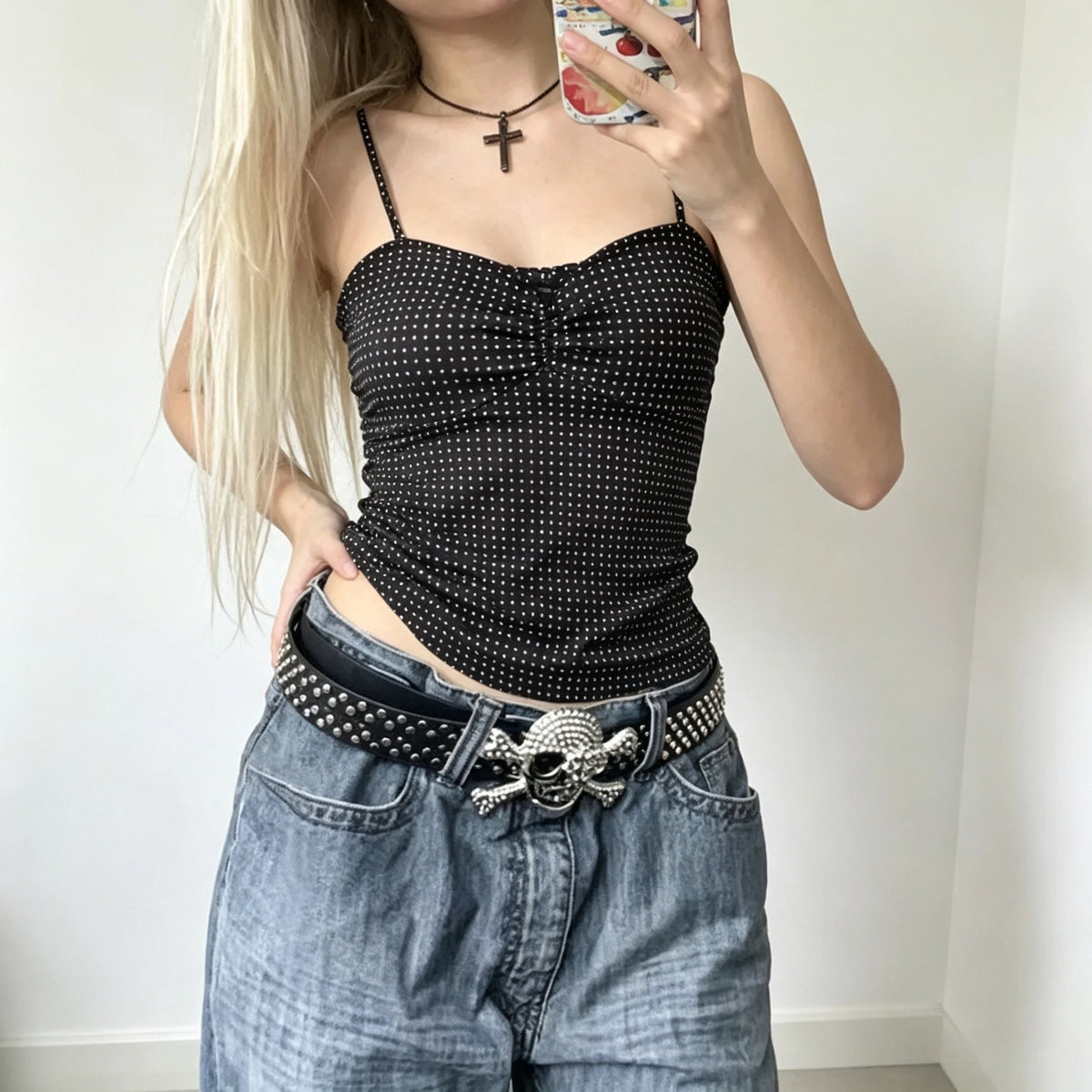 French Vintage Polka Dot Camisole Vest Women Summer Folds Sleeveless Y2k Crop Halter Tops Sweet hottie Slim Outerwear Tanks