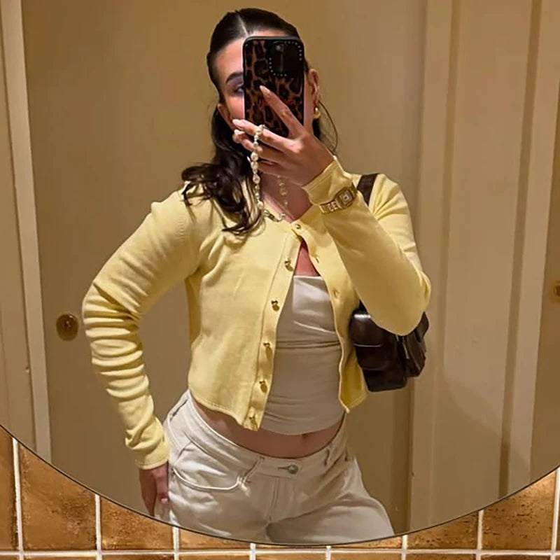 Hugcitar Fashion Long Sleeve Solid Sexy Buttons Slim Cardigan Crop T-Shirt Top Fall Women Clothes Streetwear Party Festival