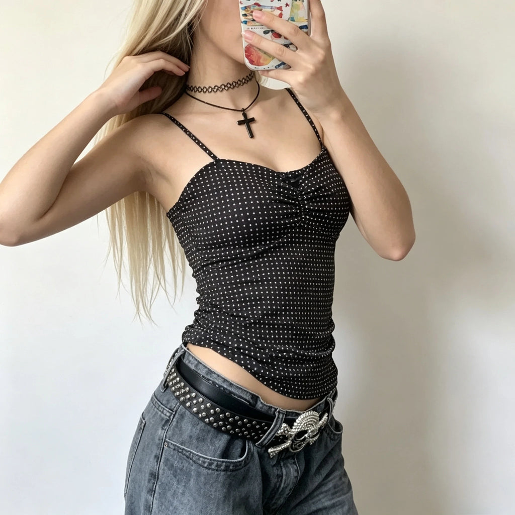 French Vintage Polka Dot Camisole Vest Women Summer Folds Sleeveless Y2k Crop Halter Tops Sweet hottie Slim Outerwear Tanks