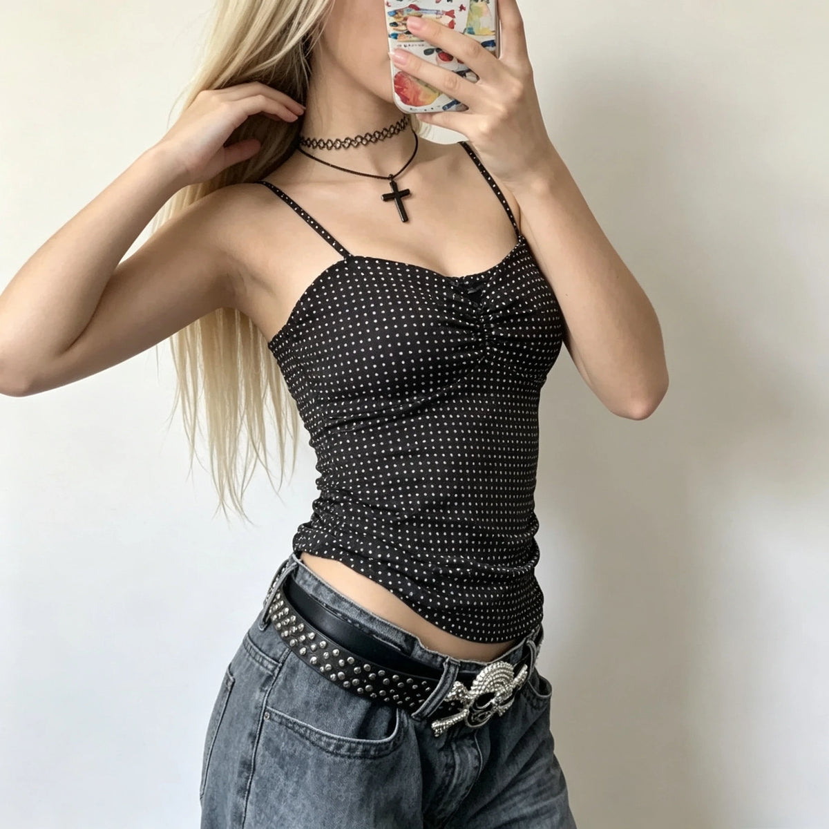 French Vintage Polka Dot Camisole Vest Women Summer Folds Sleeveless Y2k Crop Halter Tops Sweet hottie Slim Outerwear Tanks