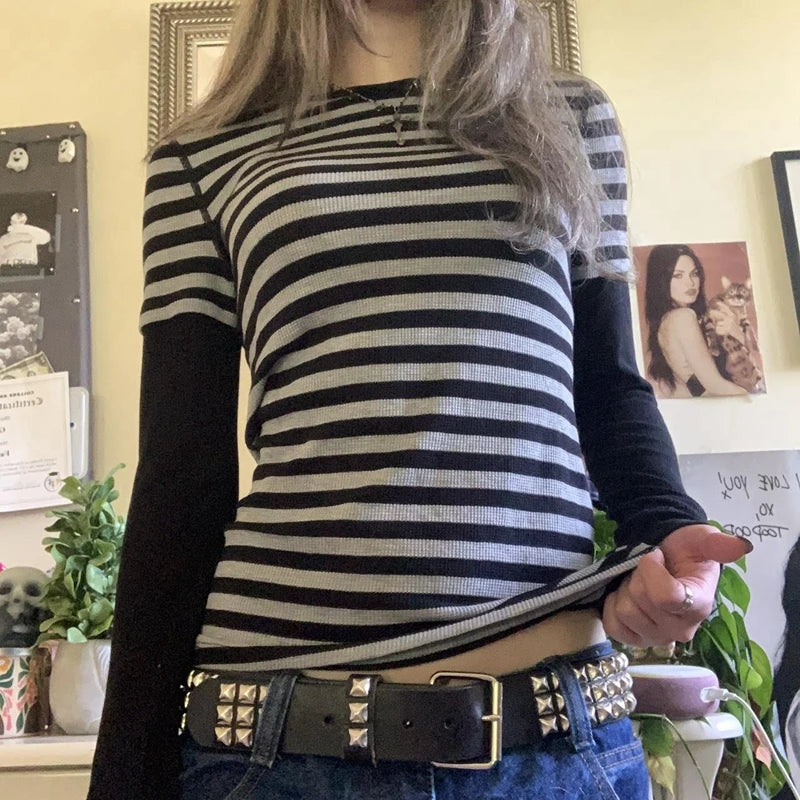 Vintage Long Sleeve Aesthetic Tees Y2k Rib Grunge T-shirts Spring Fall Women Fairy Gothic Crop Tops Girls Emo Harajuku Clothes