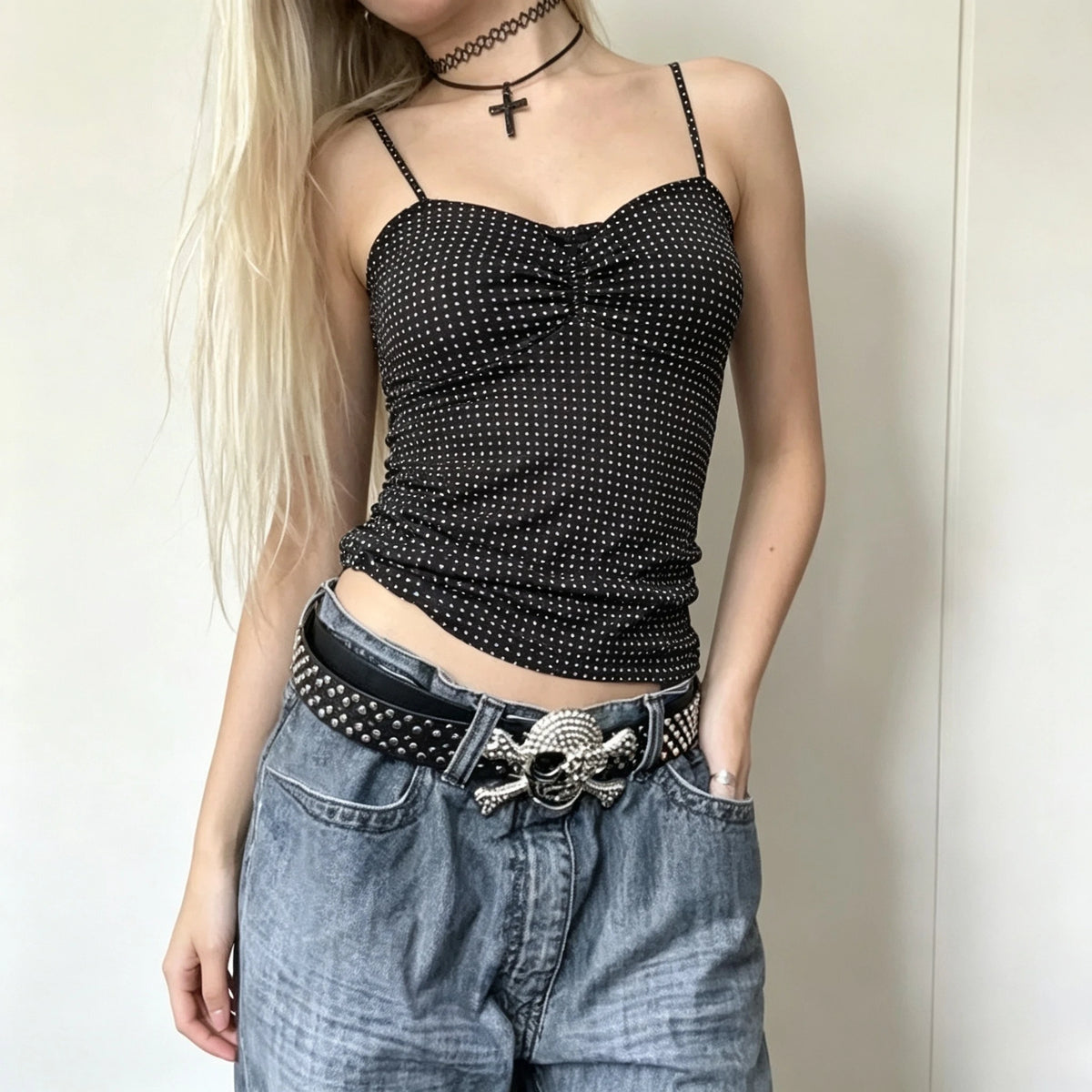 French Vintage Polka Dot Camisole Vest Women Summer Folds Sleeveless Y2k Crop Halter Tops Sweet hottie Slim Outerwear Tanks