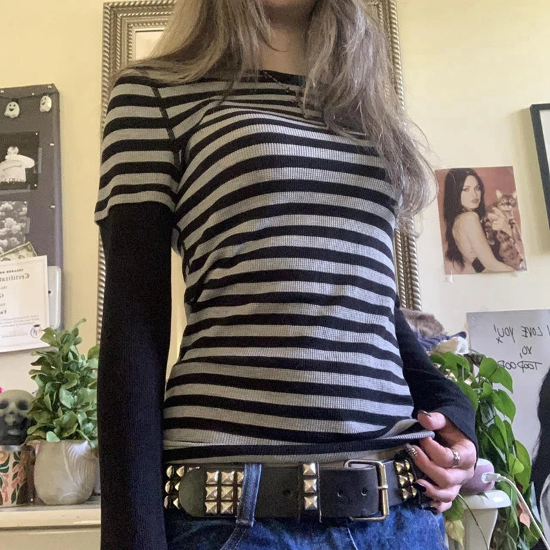 Vintage Long Sleeve Aesthetic Tees Y2k Rib Grunge T-shirts Spring Fall Women Fairy Gothic Crop Tops Girls Emo Harajuku Clothes