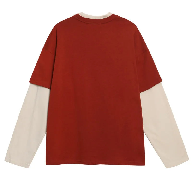 autumn fashion trend loose casual men's and women's couple's top American retro splicing color blocking long sleeved T-shirt
