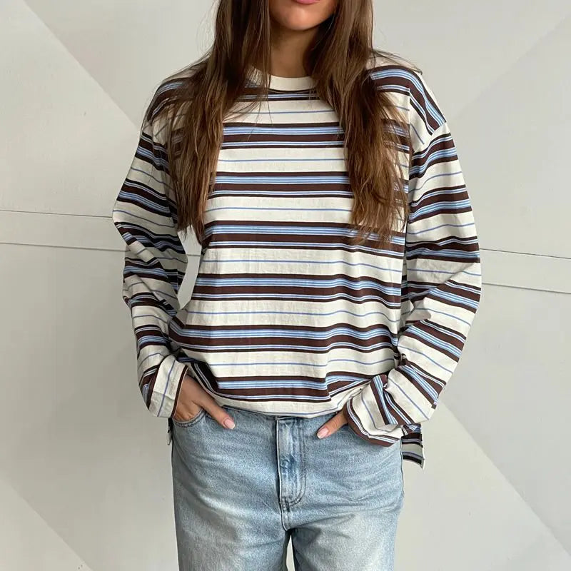Combhasaki Women Striped Contrast Color Fall Spring T-shirts Casual Crew Neck Long Sleeve Loose Pullover Tops Trendy Streetwear
