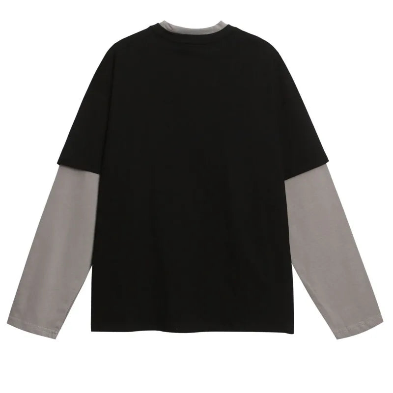 autumn fashion trend loose casual men's and women's couple's top American retro splicing color blocking long sleeved T-shirt