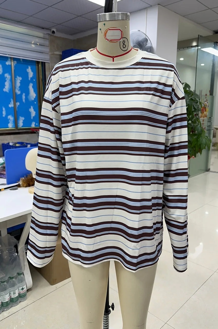 Combhasaki Women Striped Contrast Color Fall Spring T-shirts Casual Crew Neck Long Sleeve Loose Pullover Tops Trendy Streetwear