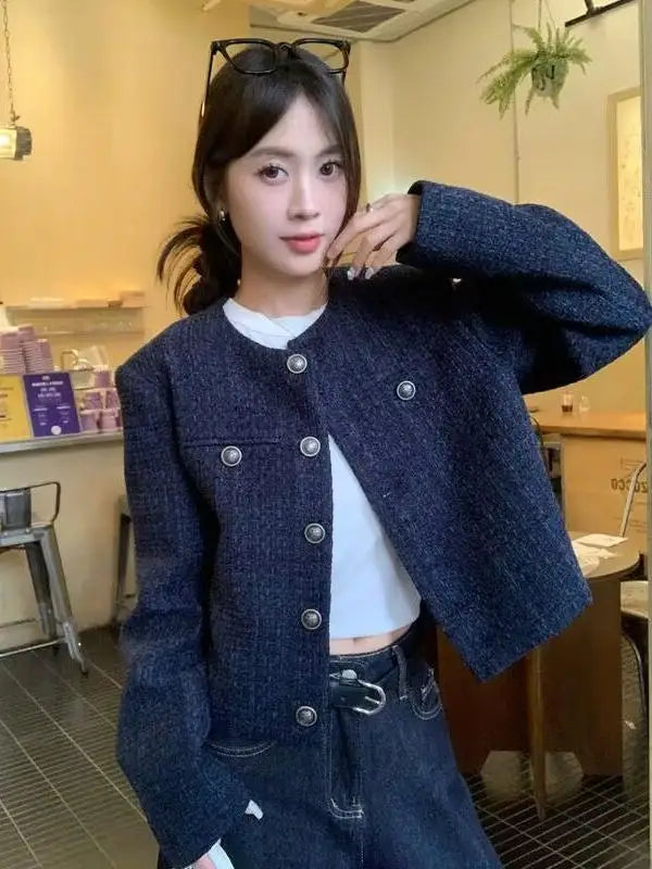 Fall Winter New Style Short Quilted Jacket Women's Loose Long Sleeve Single Button Retro High Casual Top Fashion Elegant