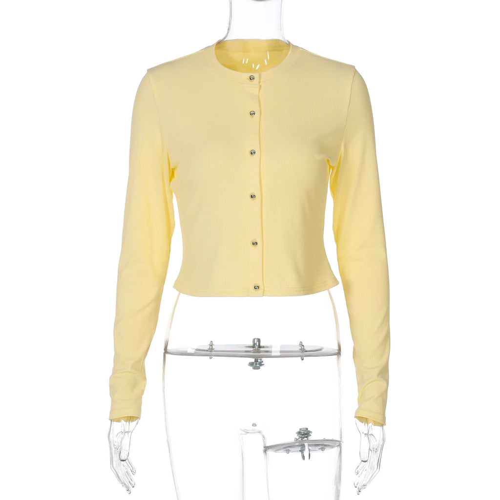 Hugcitar Fashion Long Sleeve Solid Sexy Buttons Slim Cardigan Crop T-Shirt Top Fall Women Clothes Streetwear Party Festival