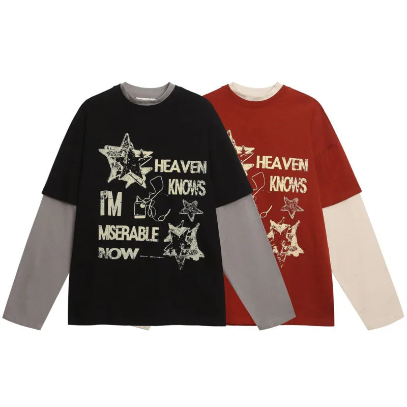 autumn fashion trend loose casual men's and women's couple's top American retro splicing color blocking long sleeved T-shirt