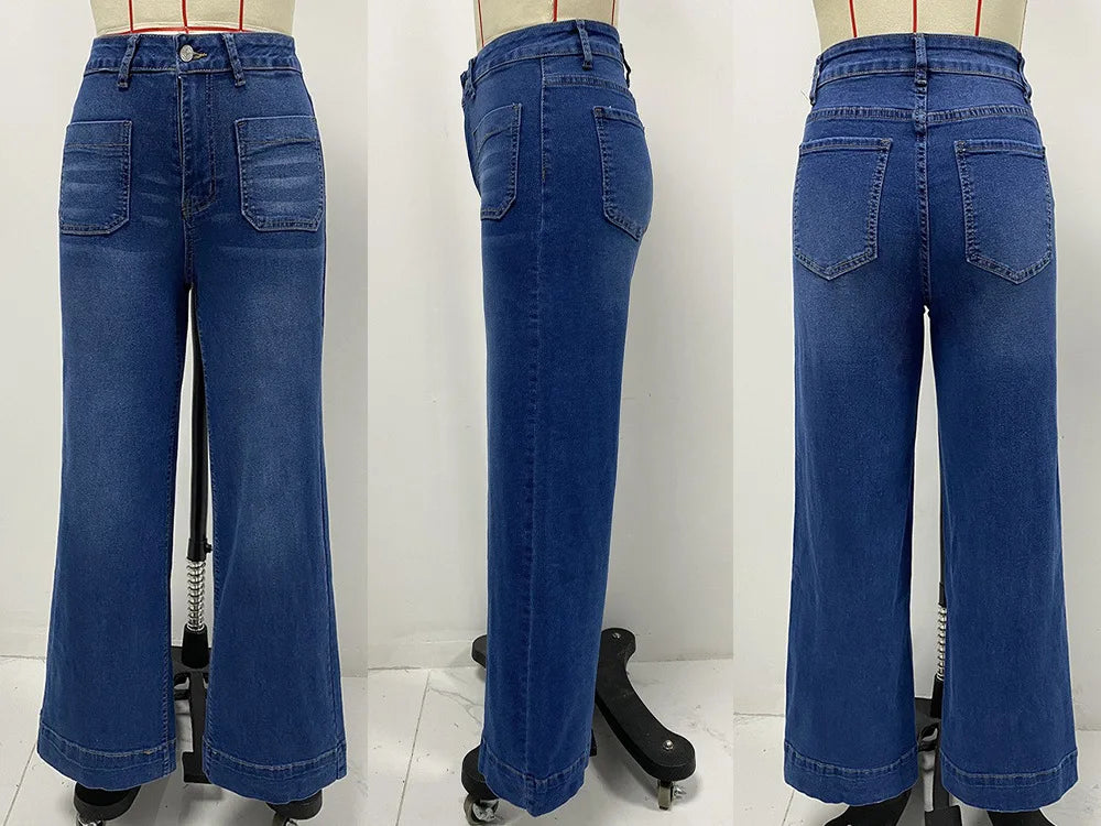 New Fall Styles: Women's High-waisted Jeans, Retro-style Black Wide-leg Trousers, and Blue Denim Pants. (Asian Sizes S-XXL)