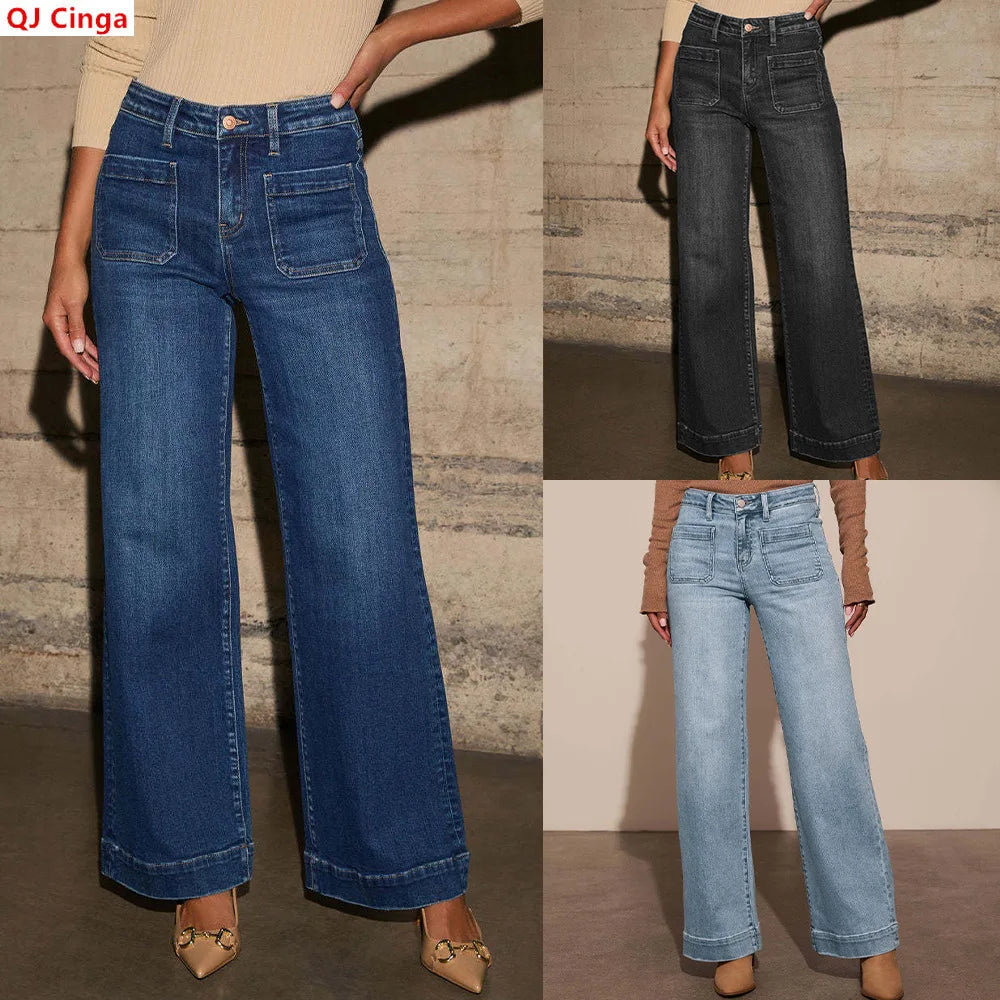 New Fall Styles: Women's High-waisted Jeans, Retro-style Black Wide-leg Trousers, and Blue Denim Pants. (Asian Sizes S-XXL)
