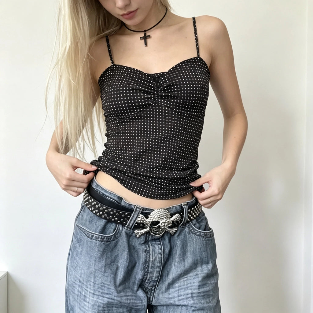 French Vintage Polka Dot Camisole Vest Women Summer Folds Sleeveless Y2k Crop Halter Tops Sweet hottie Slim Outerwear Tanks