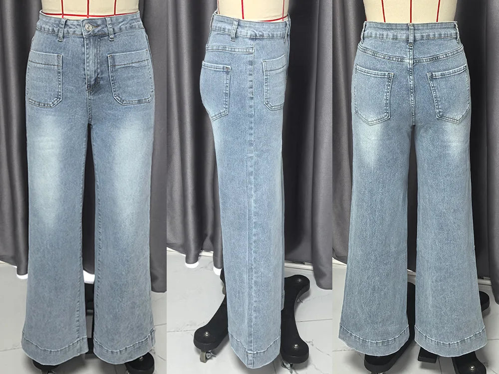 New Fall Styles: Women's High-waisted Jeans, Retro-style Black Wide-leg Trousers, and Blue Denim Pants. (Asian Sizes S-XXL)