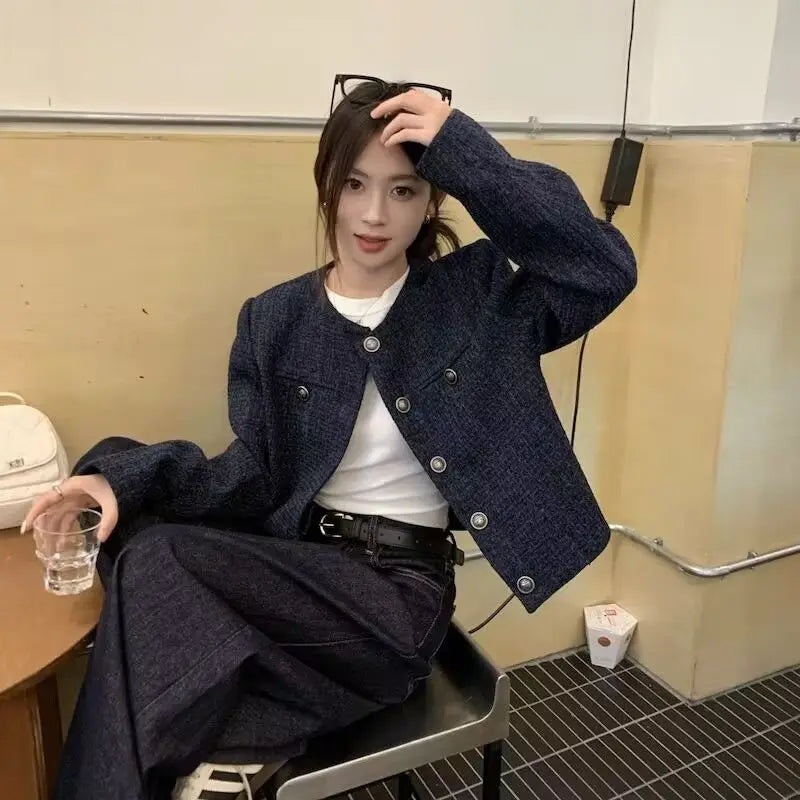 Fall Winter New Style Short Quilted Jacket Women's Loose Long Sleeve Single Button Retro High Casual Top Fashion Elegant