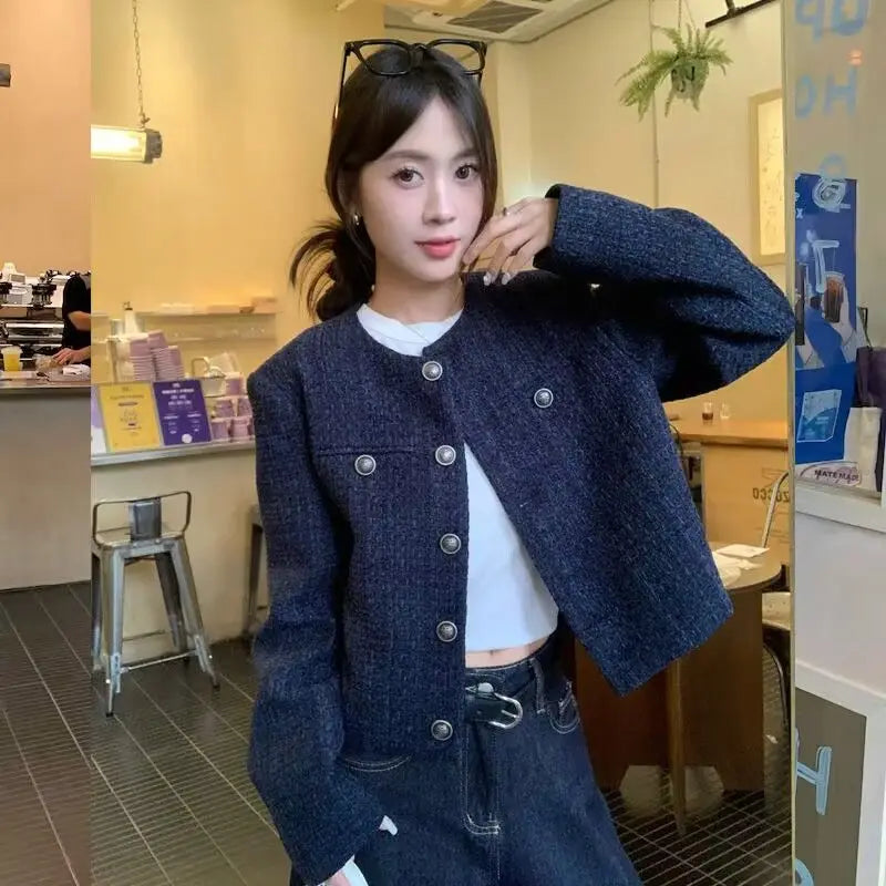 Fall Winter New Style Short Quilted Jacket Women's Loose Long Sleeve Single Button Retro High Casual Top Fashion Elegant