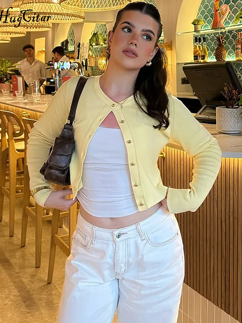 Hugcitar Fashion Long Sleeve Solid Sexy Buttons Slim Cardigan Crop T-Shirt Top Fall Women Clothes Streetwear Party Festival