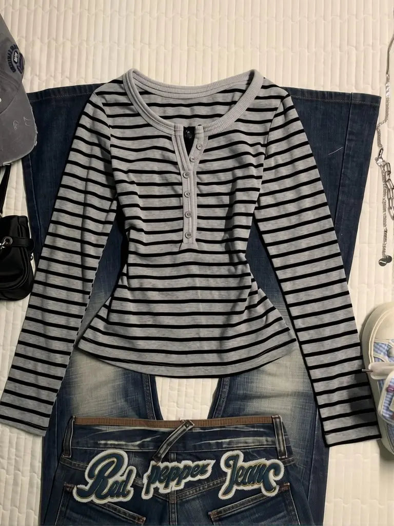 Striped Long Sleeve Top Women Korean Style Vintage Slim Fit Work Wear V Neck Button Autumn Winter Base Layer T-shirt