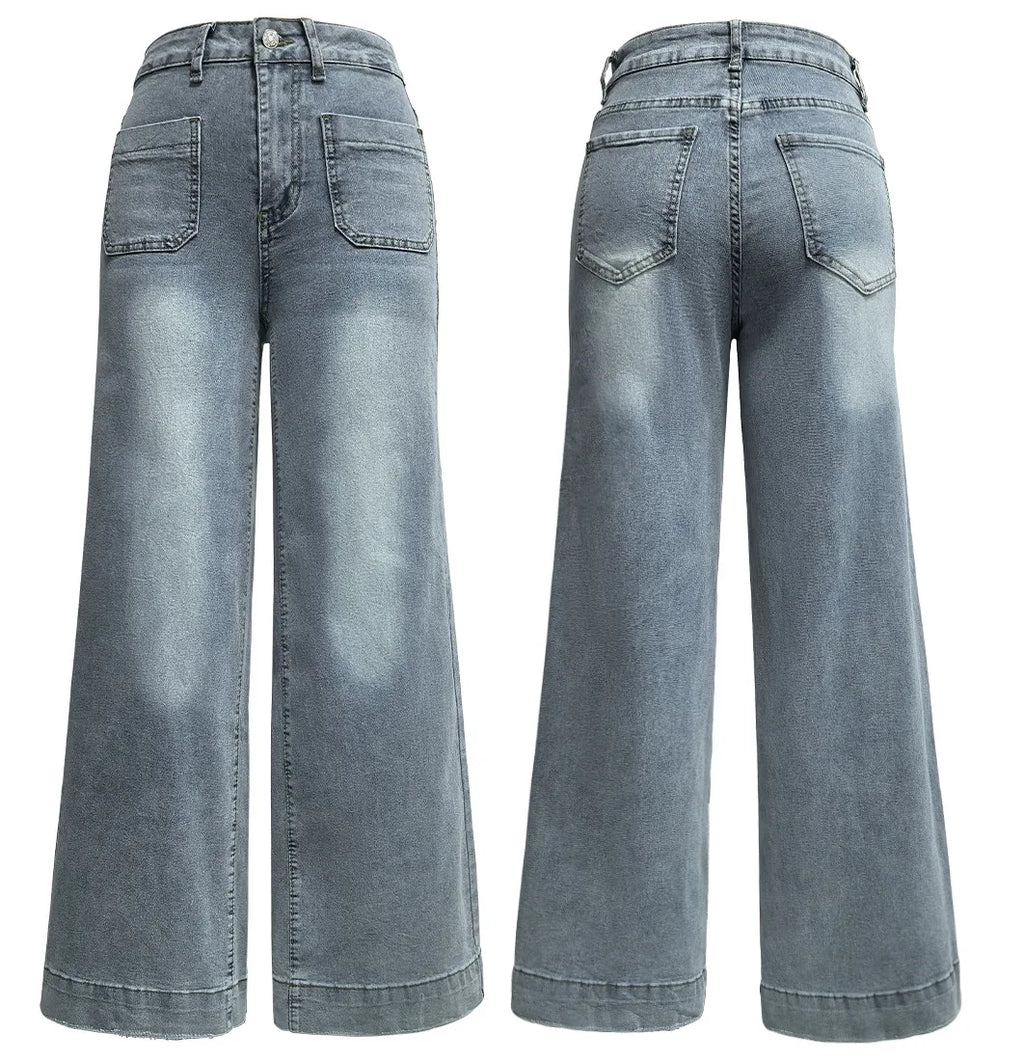 New Fall Styles: Women's High-waisted Jeans, Retro-style Black Wide-leg Trousers, and Blue Denim Pants. (Asian Sizes S-XXL)