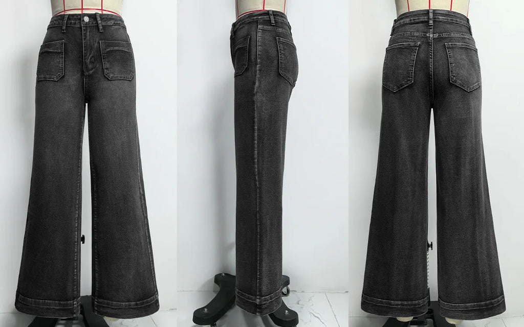 New Fall Styles: Women's High-waisted Jeans, Retro-style Black Wide-leg Trousers, and Blue Denim Pants. (Asian Sizes S-XXL)