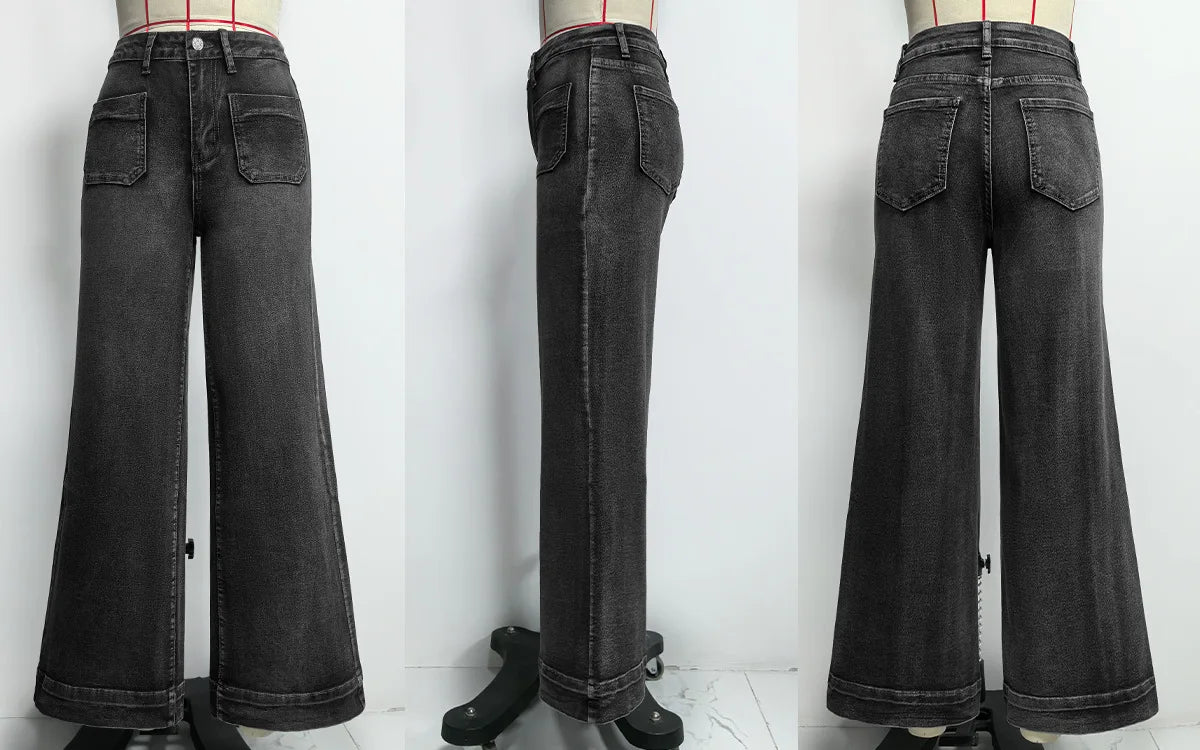 New Fall Styles: Women's High-waisted Jeans, Retro-style Black Wide-leg Trousers, and Blue Denim Pants. (Asian Sizes S-XXL)
