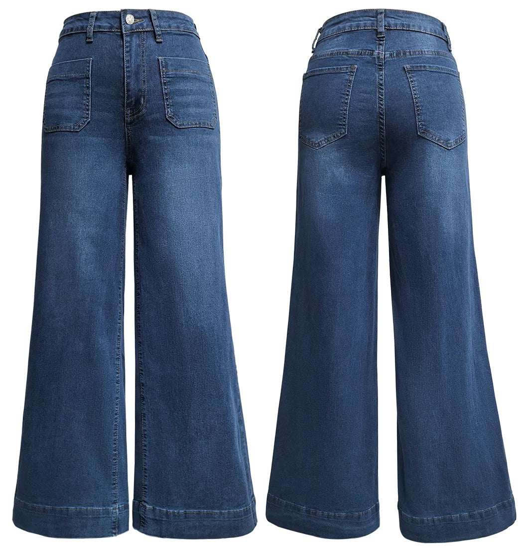 New Fall Styles: Women's High-waisted Jeans, Retro-style Black Wide-leg Trousers, and Blue Denim Pants. (Asian Sizes S-XXL)