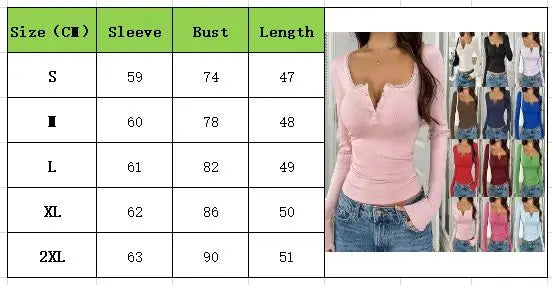 Women Y2K Lace Button Tops Autumn Spring Long Sleeve Solid Fashion T-shirts Slim Sexy Basic Pullover Shirt Casual Street Clothes