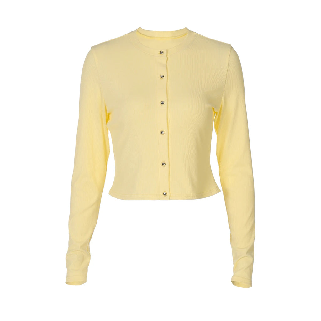 Hugcitar Fashion Long Sleeve Solid Sexy Buttons Slim Cardigan Crop T-Shirt Top Fall Women Clothes Streetwear Party Festival
