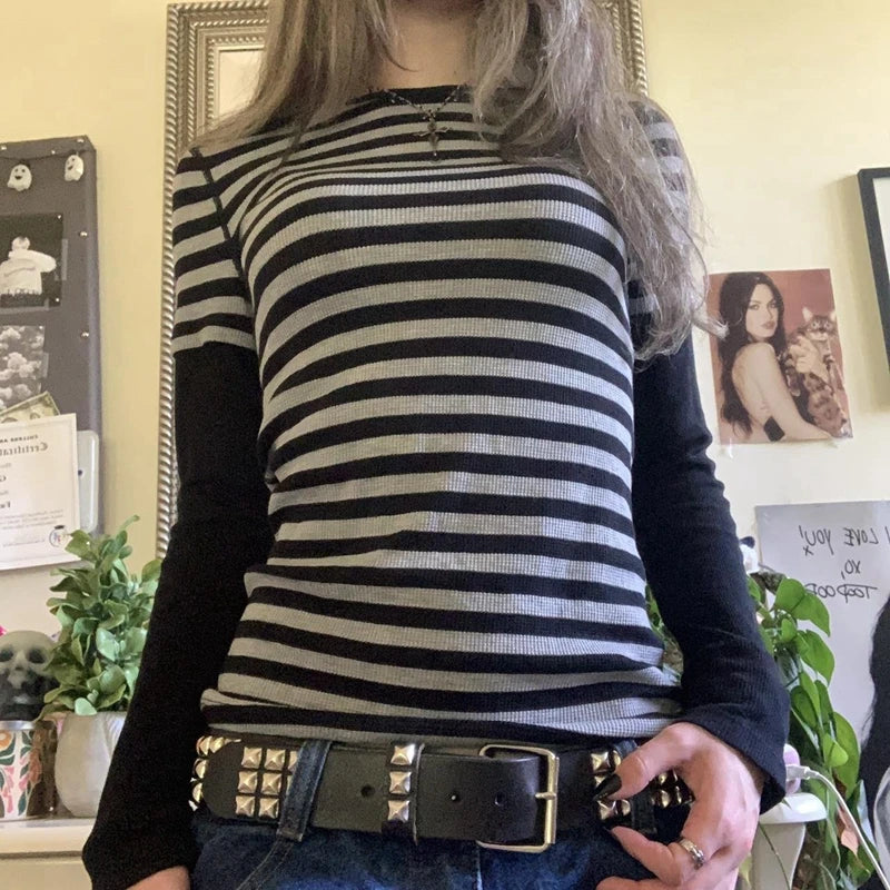 Vintage Long Sleeve Aesthetic Tees Y2k Rib Grunge T-shirts Spring Fall Women Fairy Gothic Crop Tops Girls Emo Harajuku Clothes