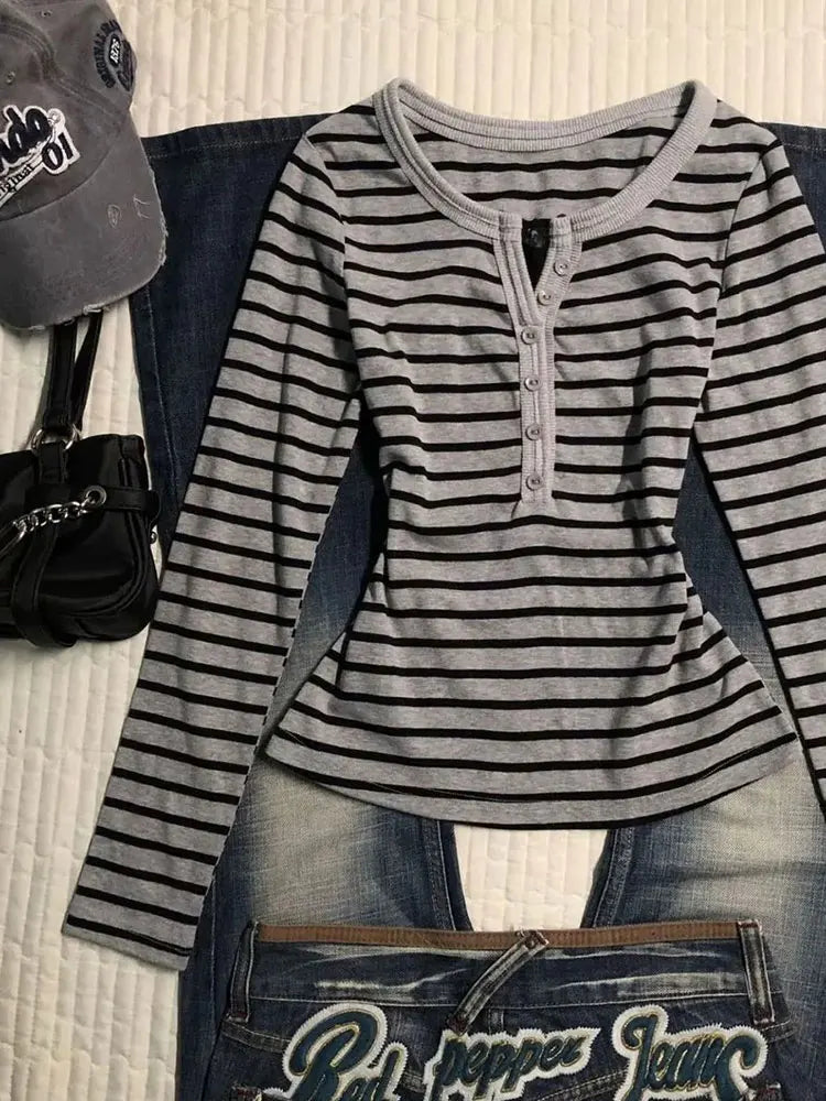 Striped Long Sleeve Top Women Korean Style Vintage Slim Fit Work Wear V Neck Button Autumn Winter Base Layer T-shirt