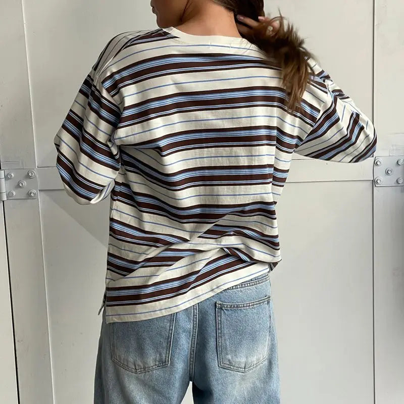 Combhasaki Women Striped Contrast Color Fall Spring T-shirts Casual Crew Neck Long Sleeve Loose Pullover Tops Trendy Streetwear
