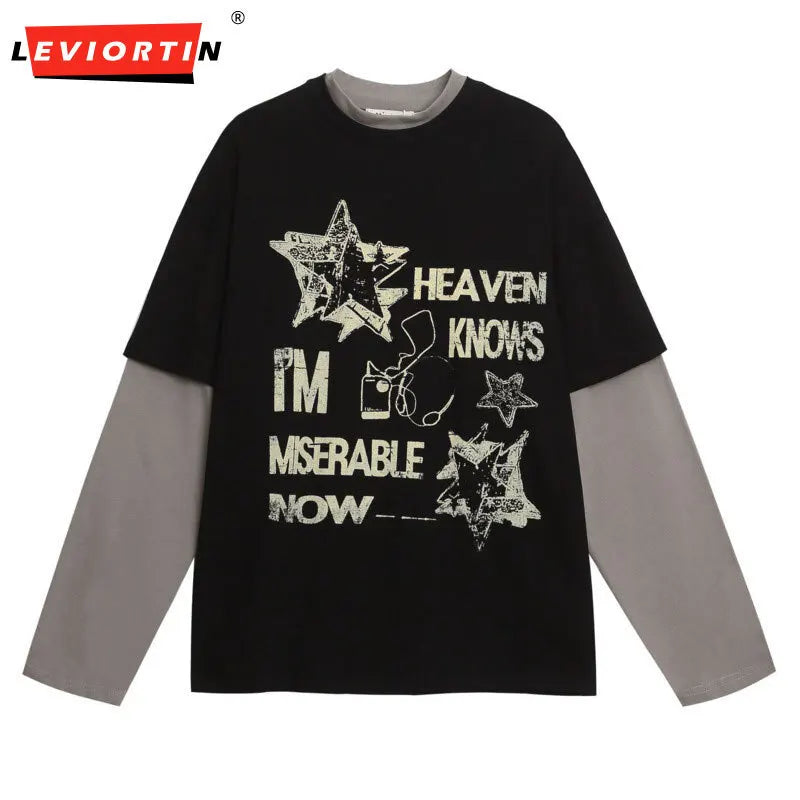 autumn fashion trend loose casual men's and women's couple's top American retro splicing color blocking long sleeved T-shirt