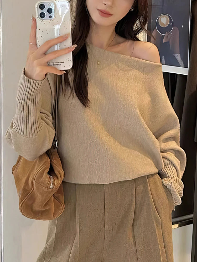 Batwing Long Sleeve Knitted Pullover Women 300g Thick Off Shoulder Top Korean Fashion Sweater Loose Casual Autumn Outwear Pull