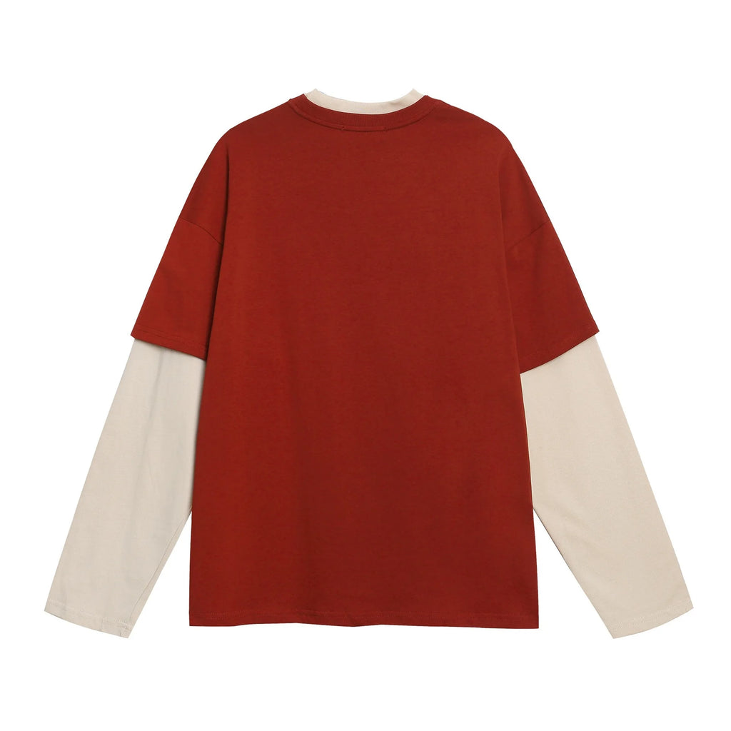 autumn fashion trend loose casual men's and women's couple's top American retro splicing color blocking long sleeved T-shirt