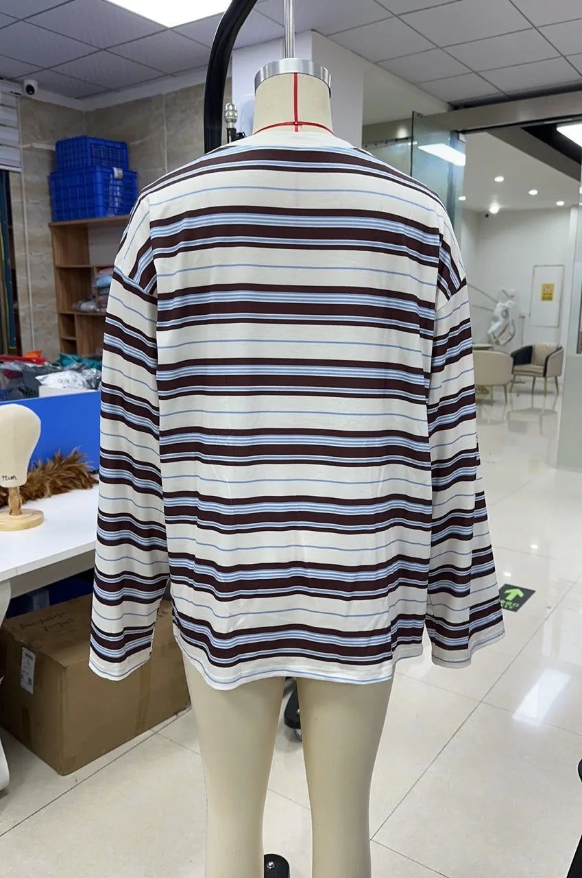 Combhasaki Women Striped Contrast Color Fall Spring T-shirts Casual Crew Neck Long Sleeve Loose Pullover Tops Trendy Streetwear