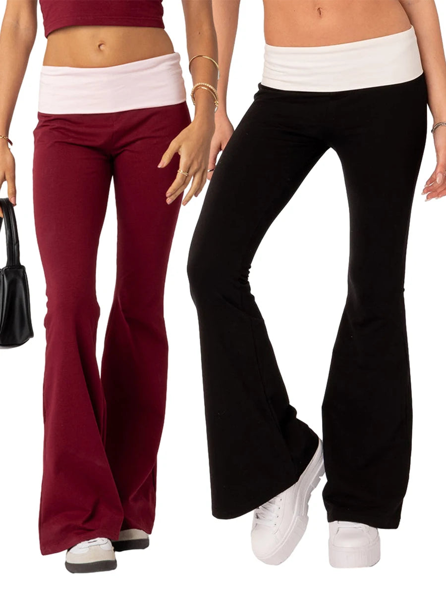 Women Fashion Flared Pants Casual Contrast Color Creativity Elastic Waist Bell Bottoms Bootcut Trousers Y2K 2024 New Streetwear