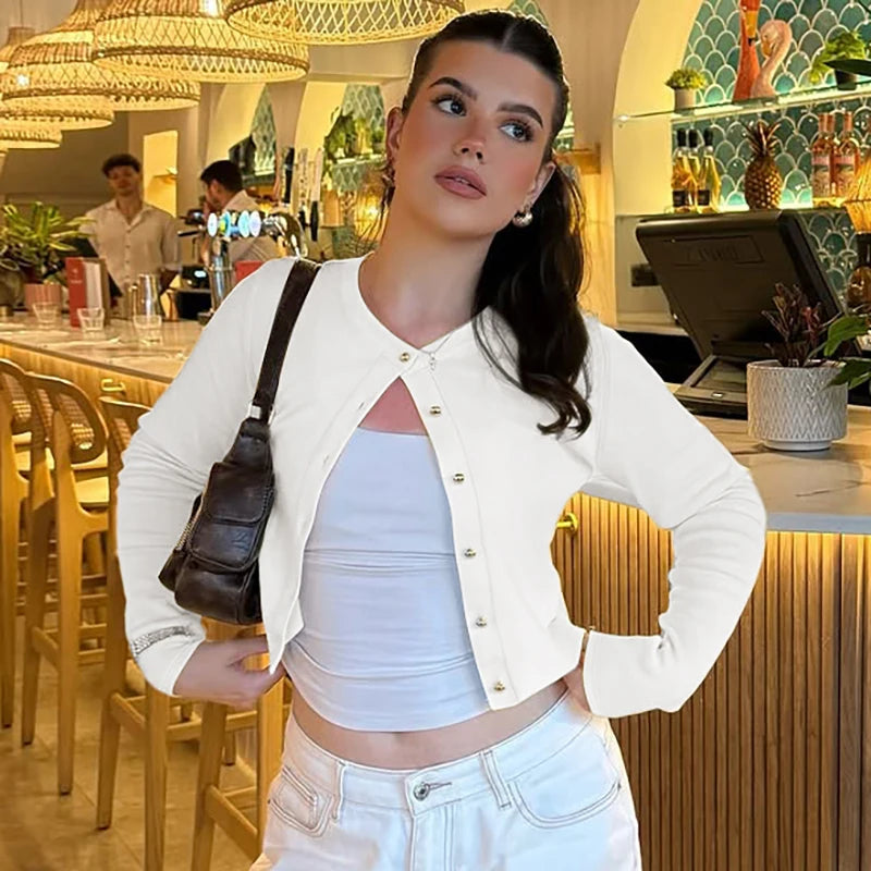 Hugcitar Fashion Long Sleeve Solid Sexy Buttons Slim Cardigan Crop T-Shirt Top Fall Women Clothes Streetwear Party Festival